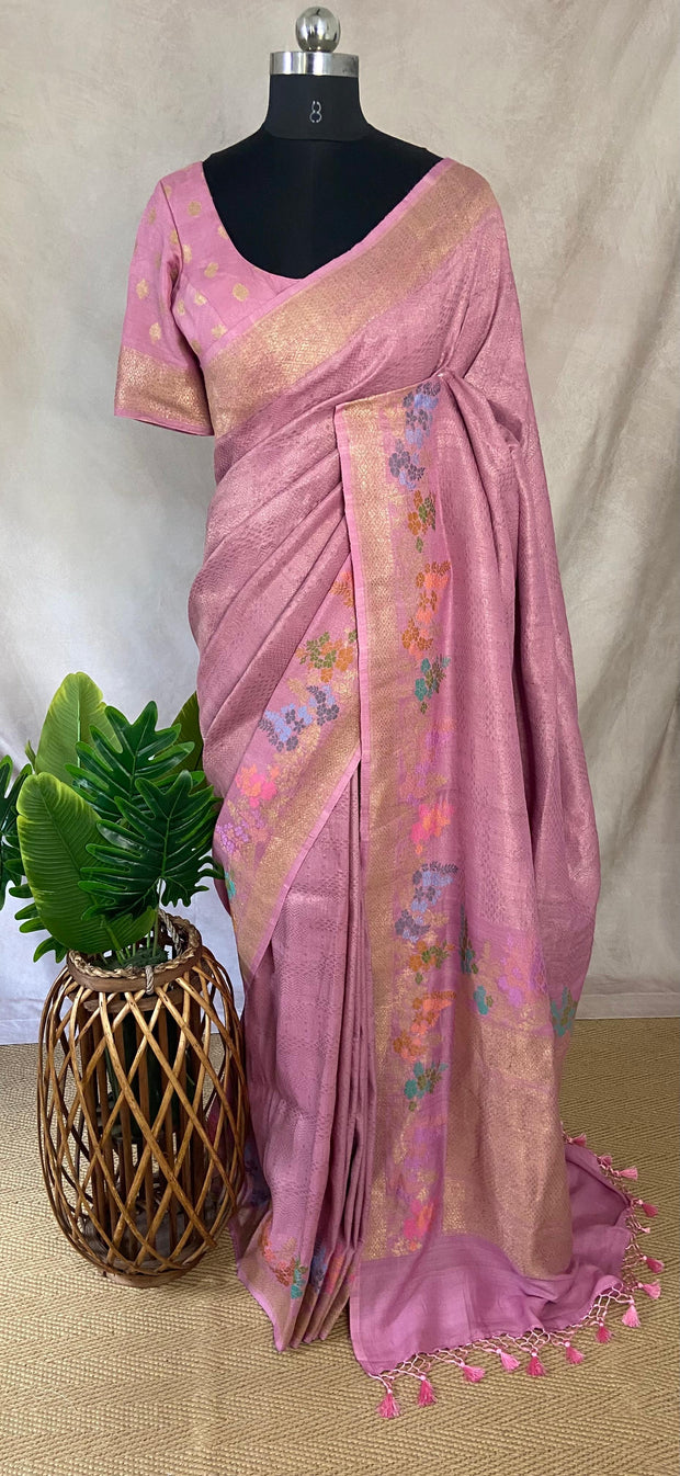 Light pink tussar brocade saree with meenakari weave, stitched blluse