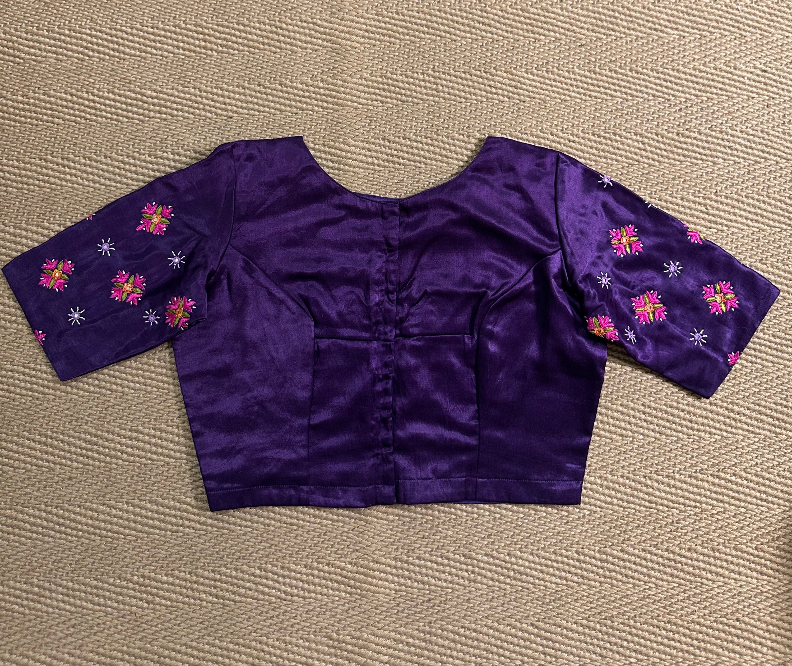 Purple modal silk blouse with mirror work and hand Kutch Embroidery