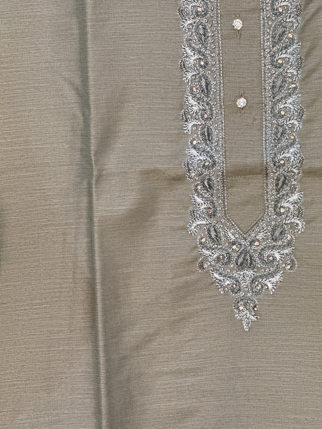 Olive green cotton silk kurta with hand embroidery