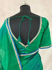 Green double shaded Maheswari silk cotton saree with stitched blouse