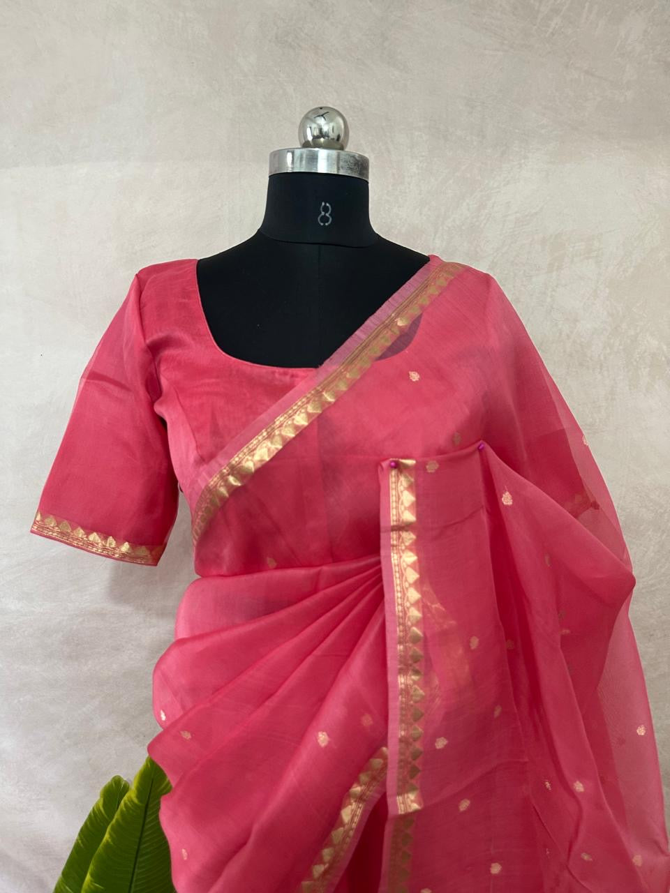 Kora silk saree with small border and stitched blouse and under skirt