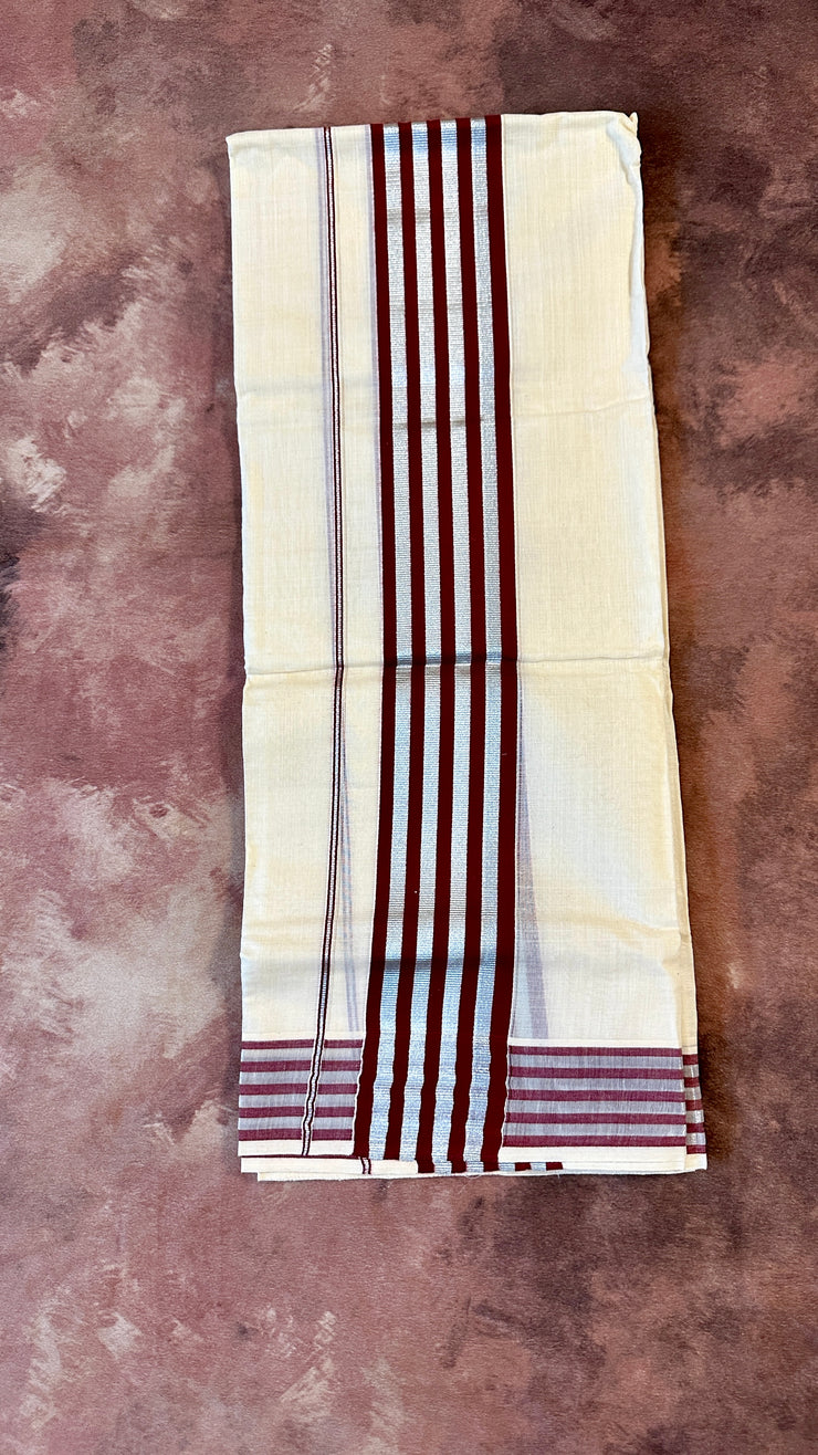 Maroon and silver cotton set mundu
