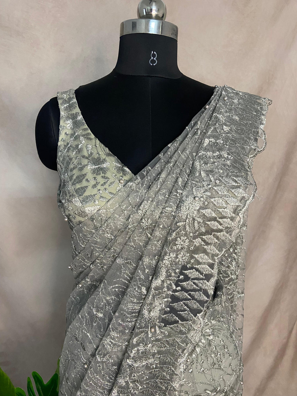 Pastel green lace fabric ready to wear saree with designer blouse