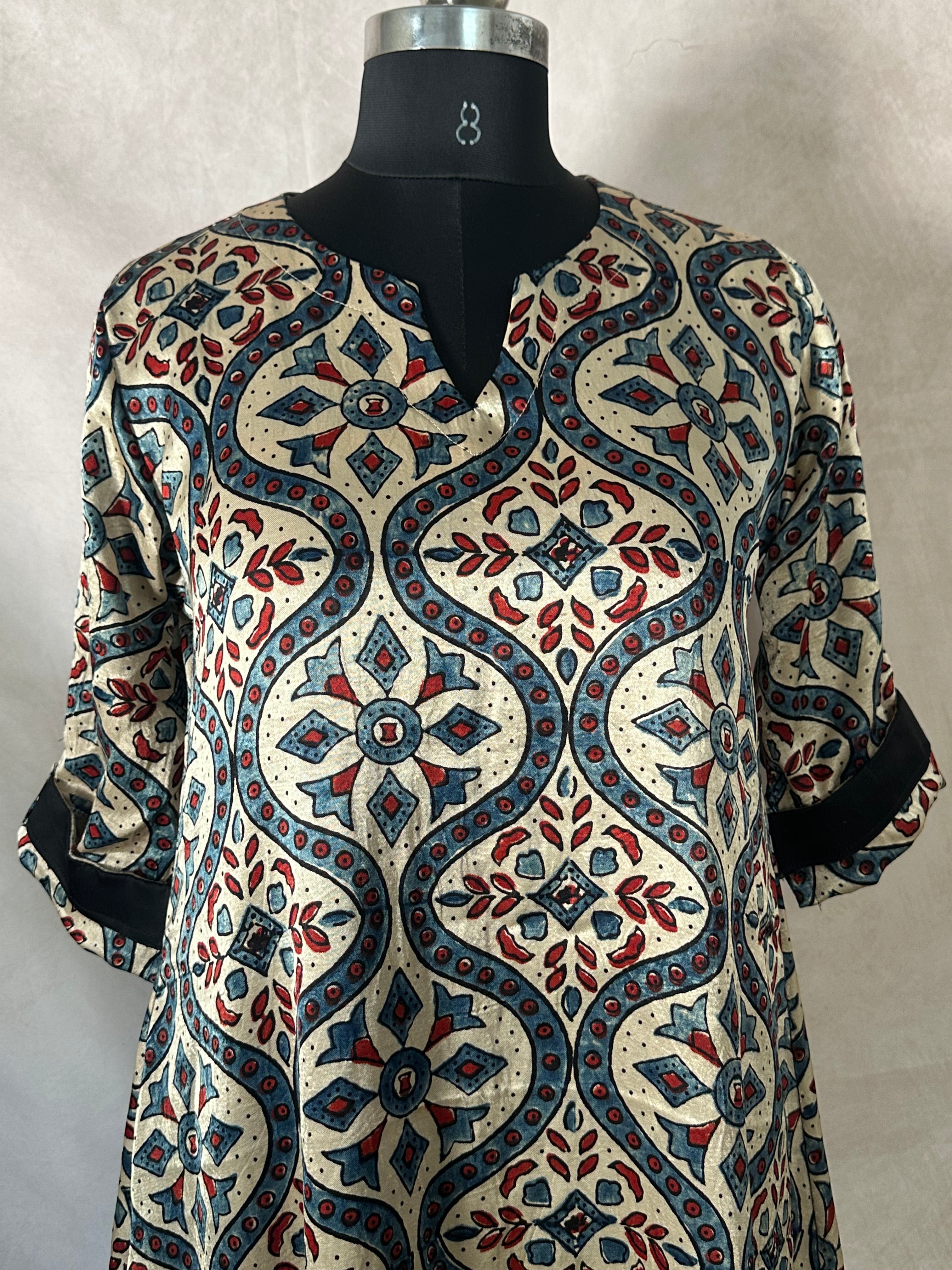 Cream and blue mashru ajrakh dress with high low pattern