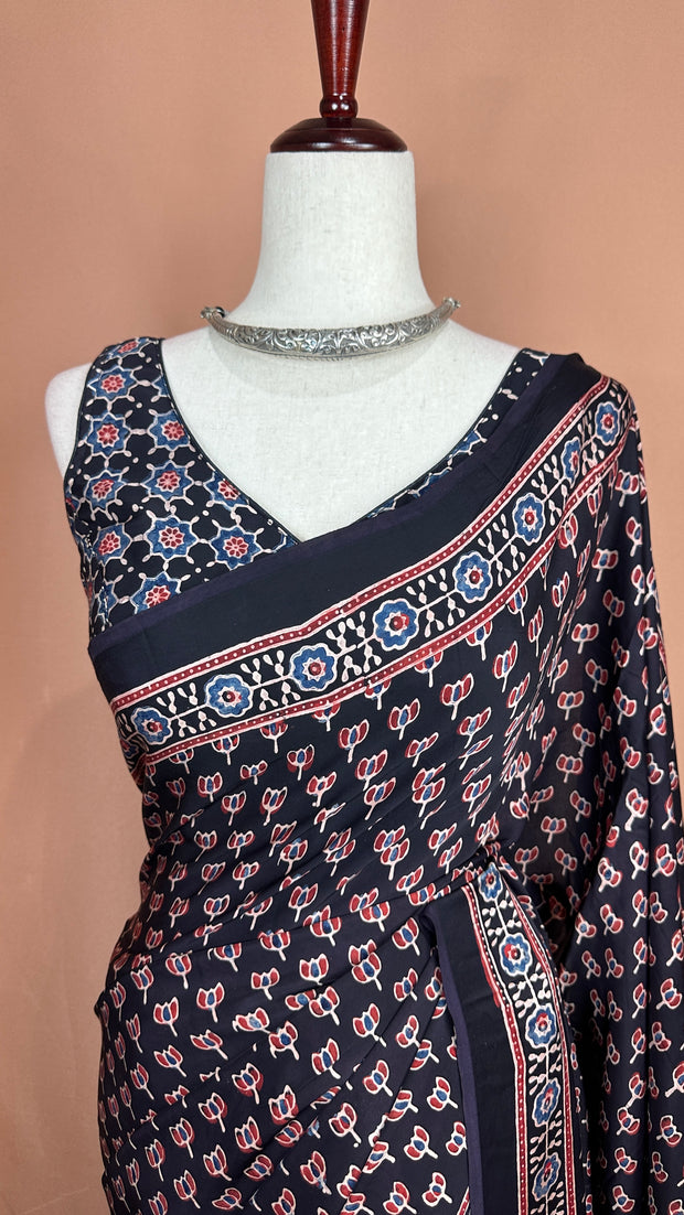Ajrakh handblock printed modal silk saree with stitched blouse