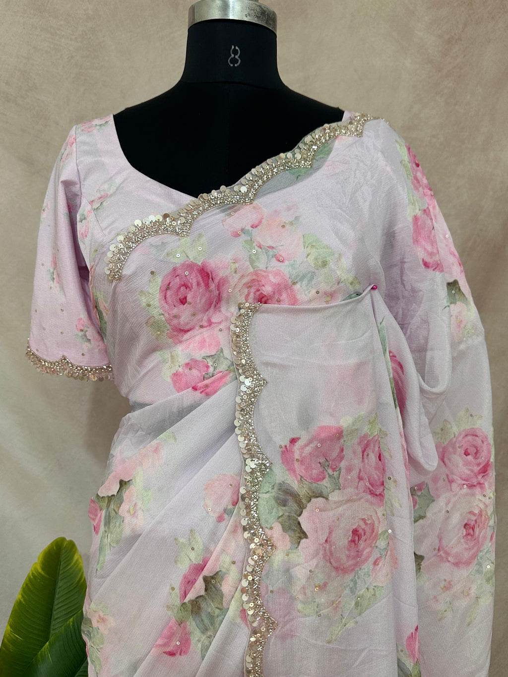 Crepe saree with sequins border , blouse and under skirt