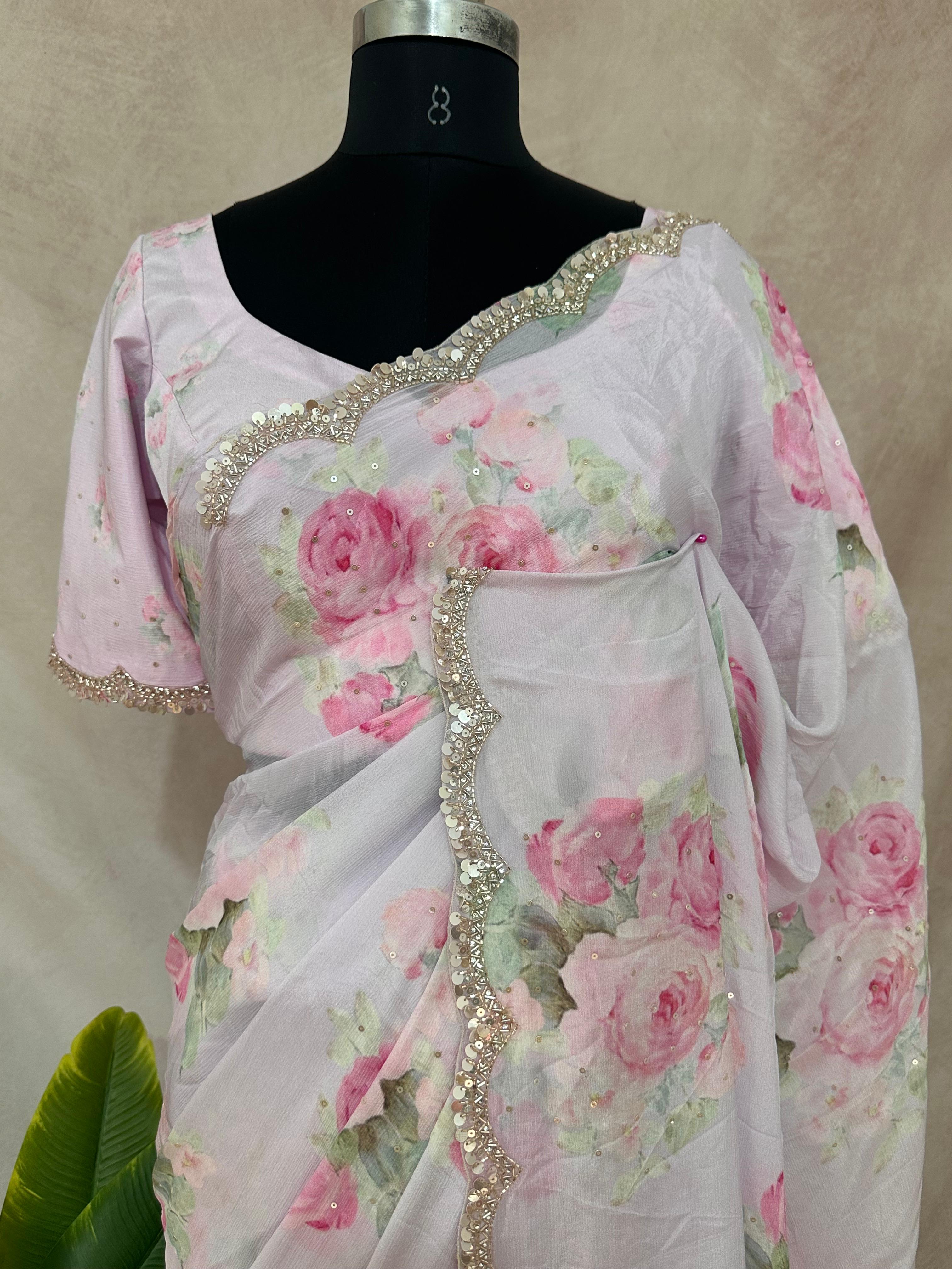 Crepe saree with sequins border , blouse and under skirt