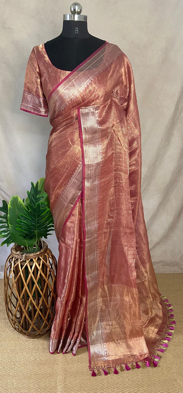 Majenta banarsi tissue silk saree with stitched blouse