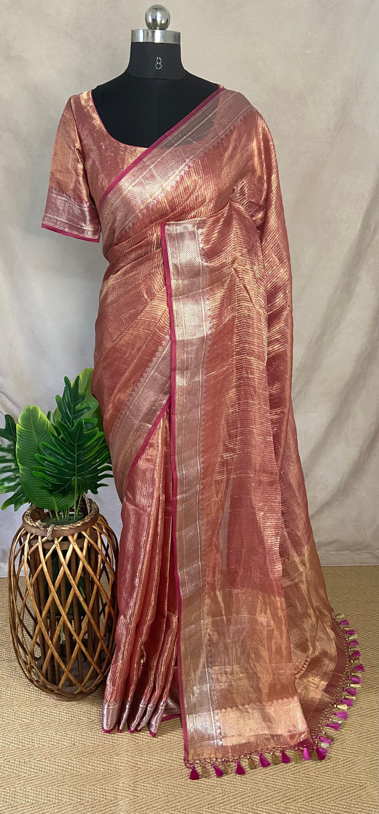 Majenta banarsi tissue silk saree with stitched blouse