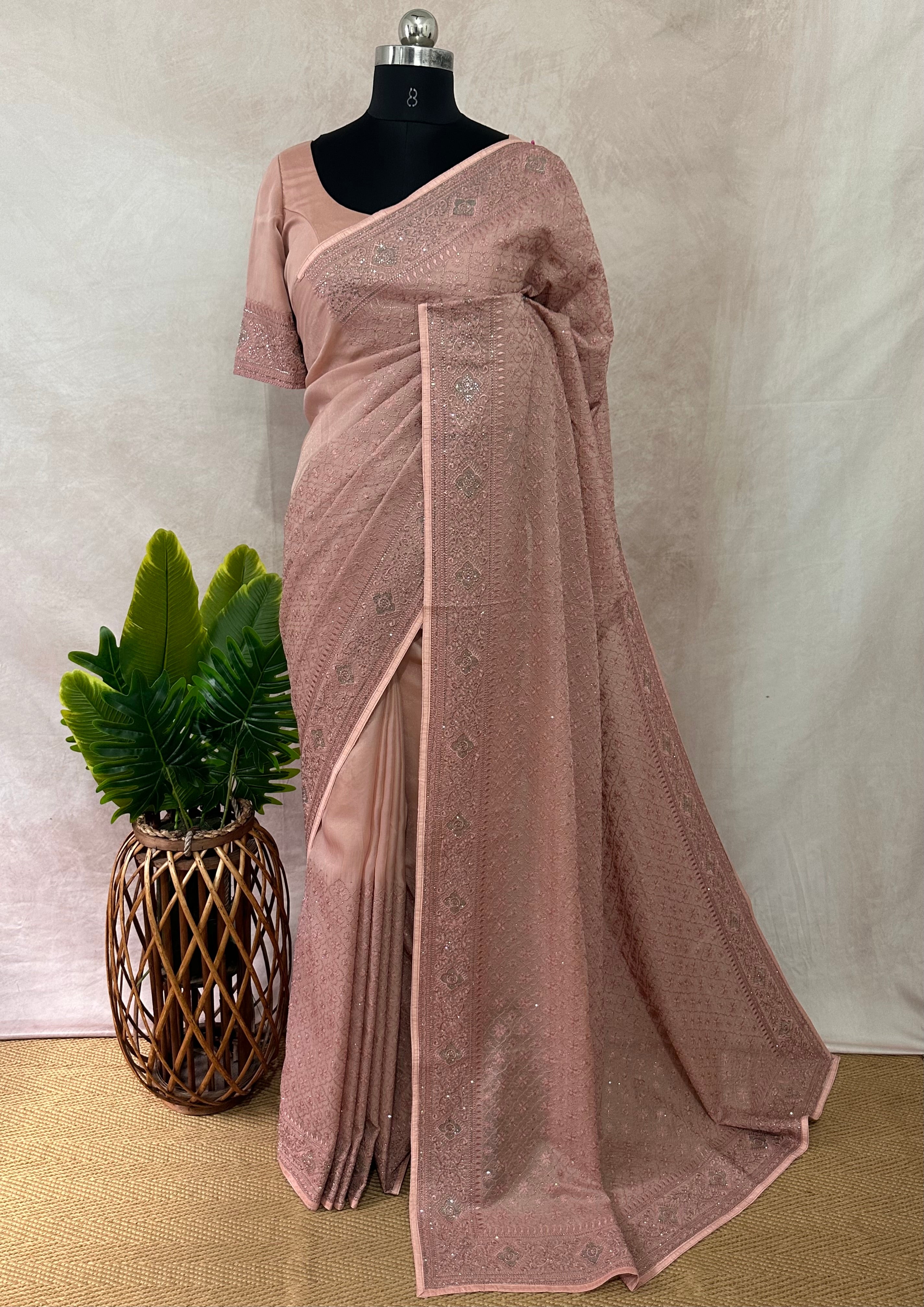 Georgette chikankari saree with stitched blouse