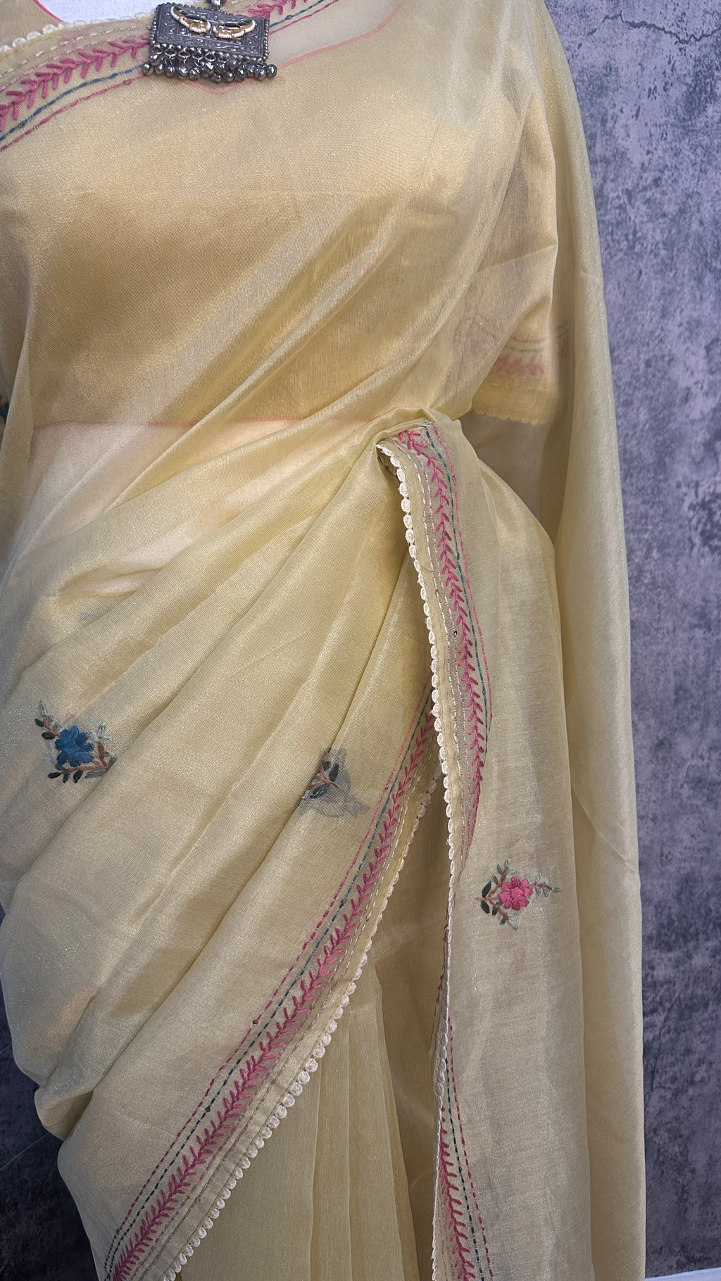 Tissue cotton saree with handwork and stitched blouse