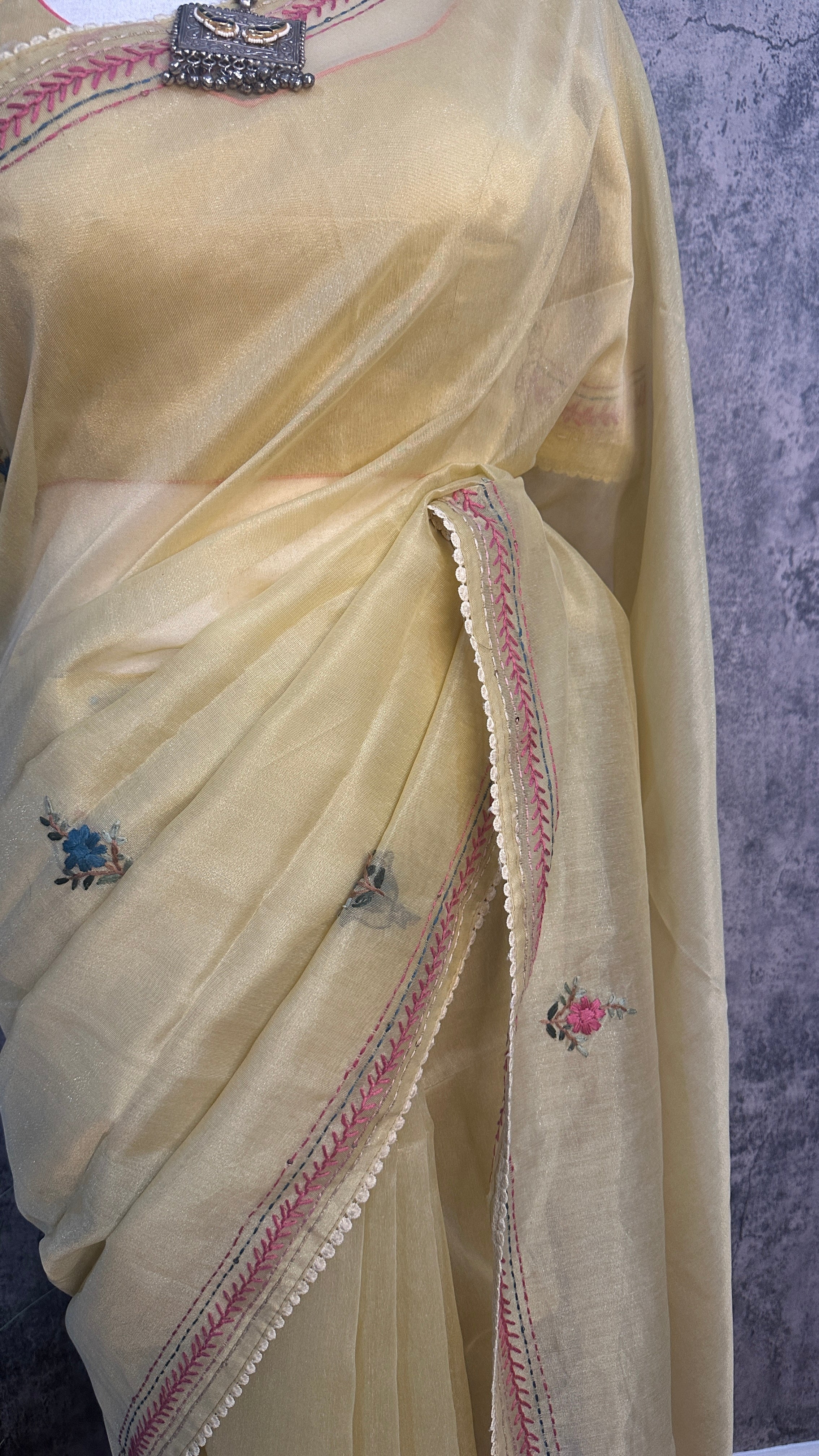 Tissue cotton saree with handwork and stitched blouse