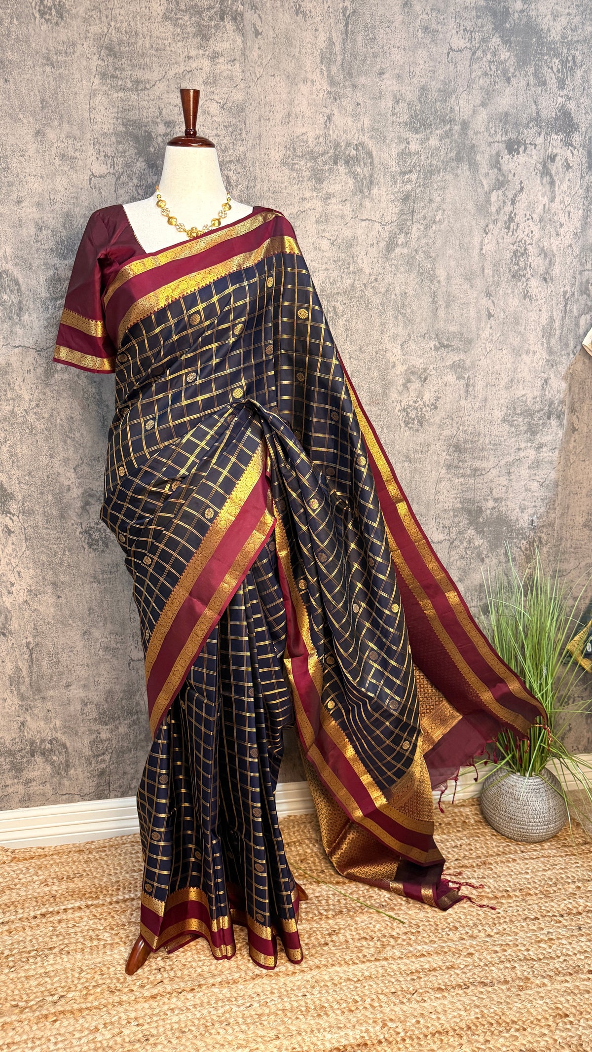 Navi blue and maroon kanchvaram soft silk saree