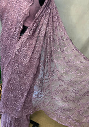 Lilac ready made saree in superior quality lace, with stitched blouse