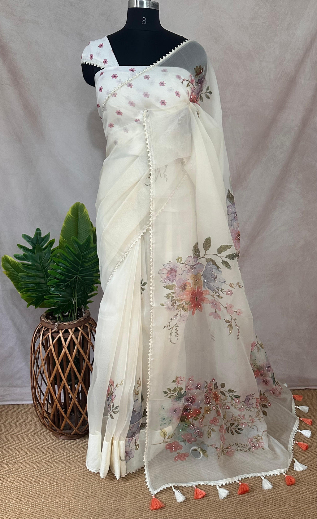 Silk organza saree with digital print and highlighted with bead work, with BP