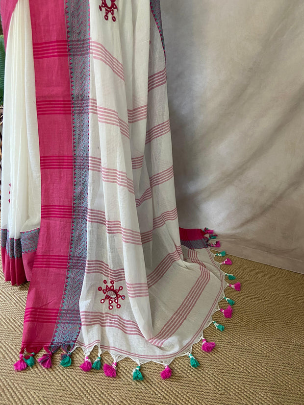 Off white cotton saree with mirror work, with BP