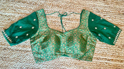 Green brocade silk blouse with mirror work
