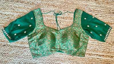 Green brocade silk blouse with mirror work