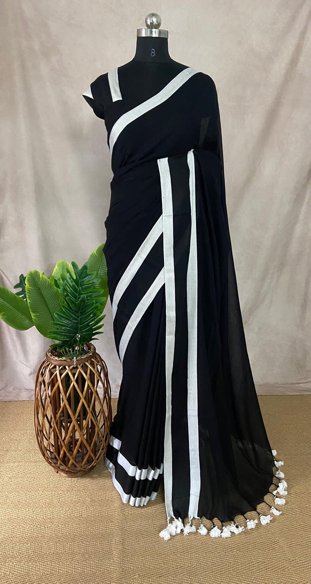 Black mulcotton saree with white satin border