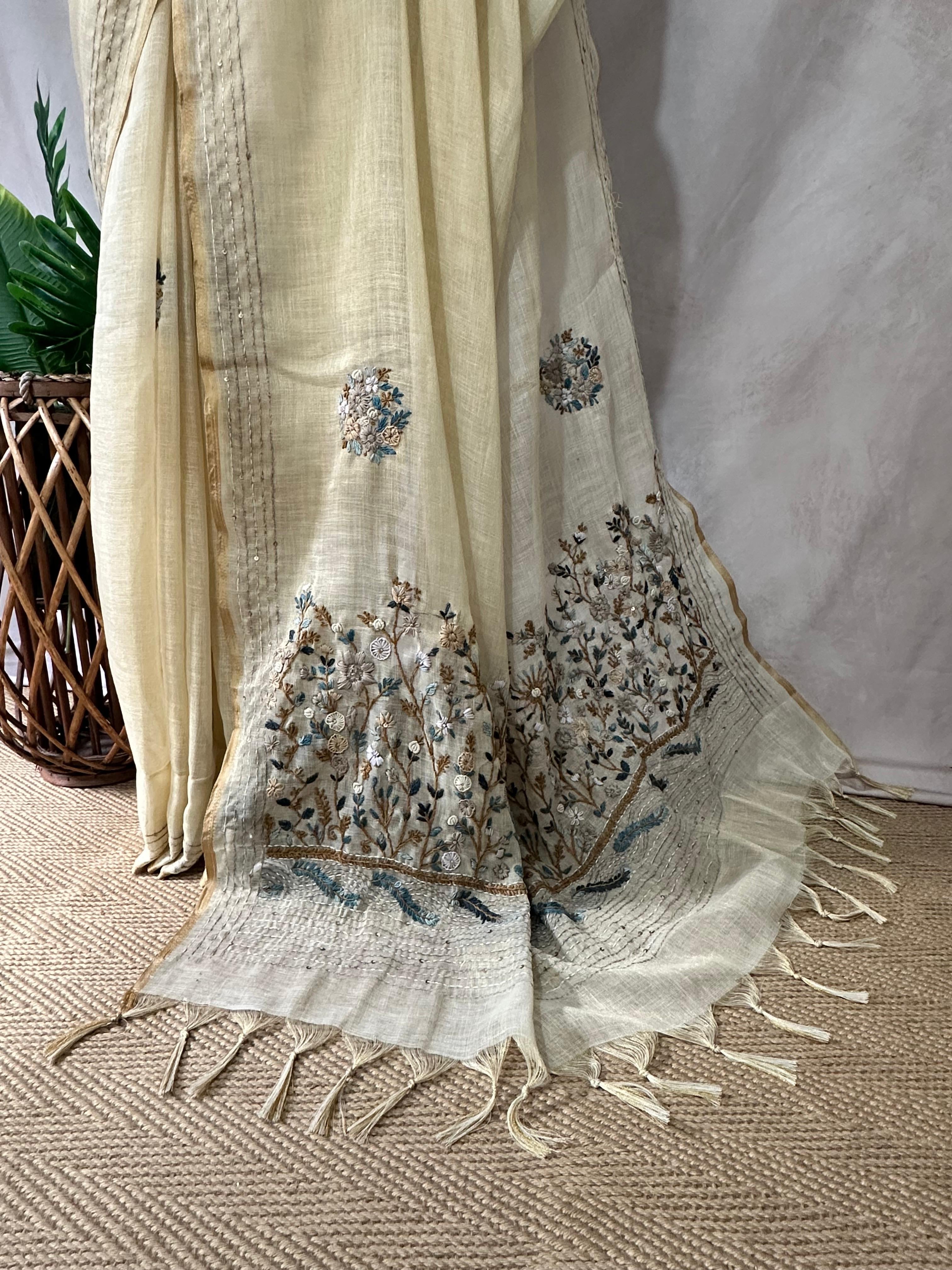 Soft linen tissue saree with handwork, with BP