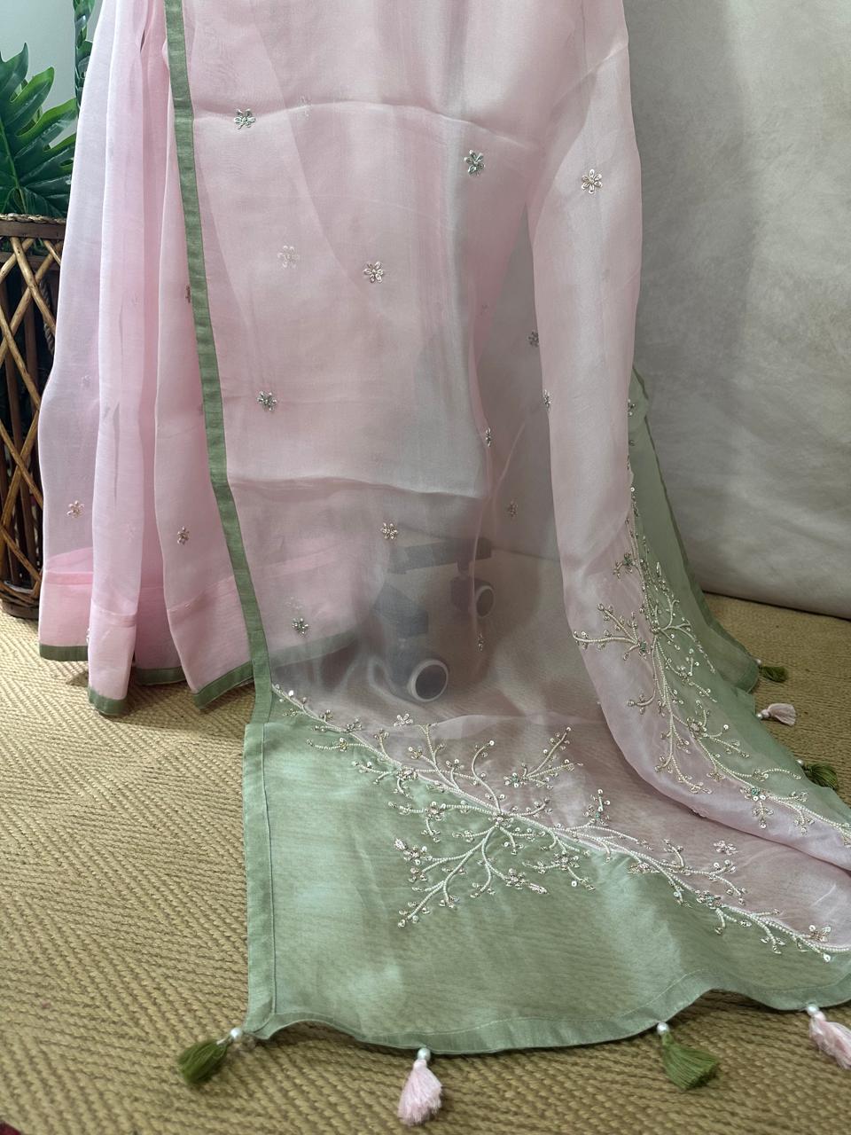 Pastel pink and green designer organza saree with stitched blouse