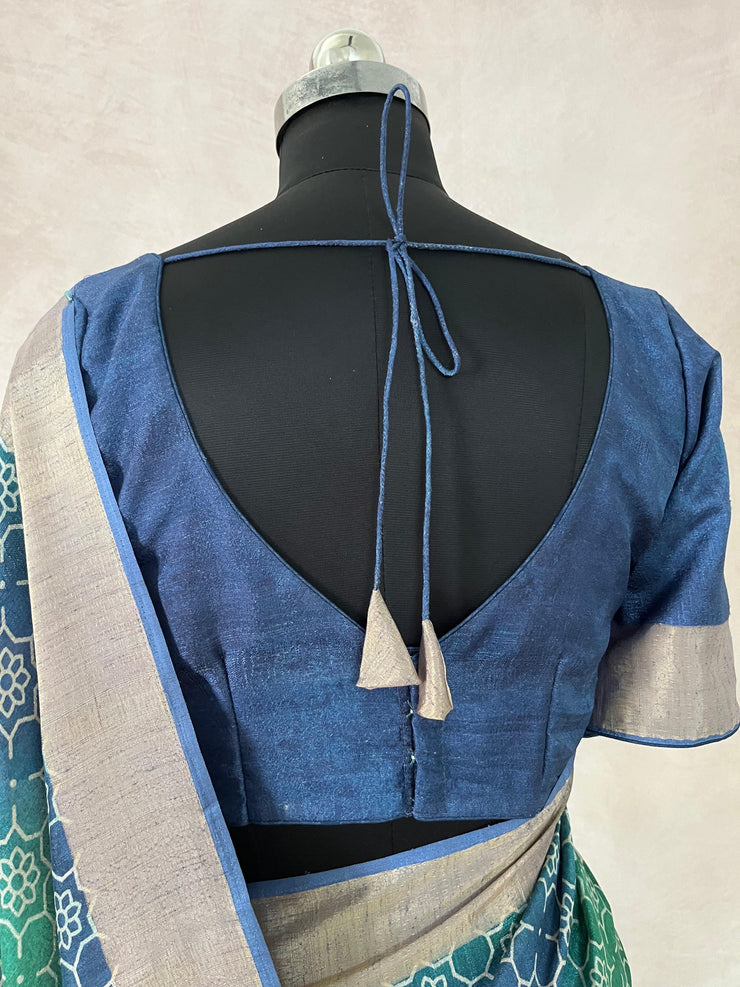 Blue semi soft tussar silk saree with floral print, with BP
