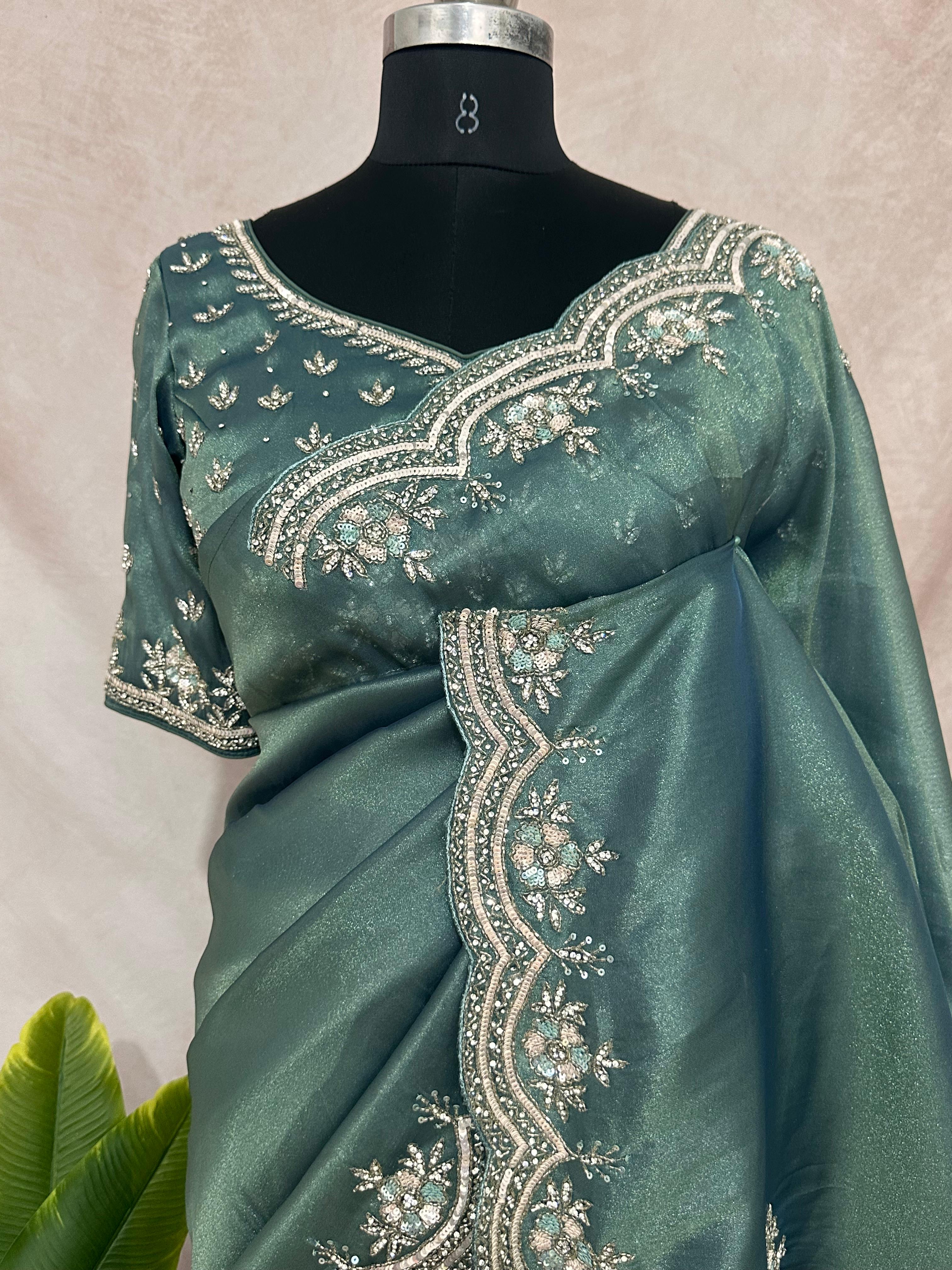 Dark Sea Green tissue designer saree with stitched blouse and under skirt