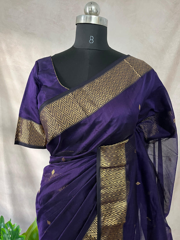 Pure Purple Maheshwari silk saree with stitched blouse