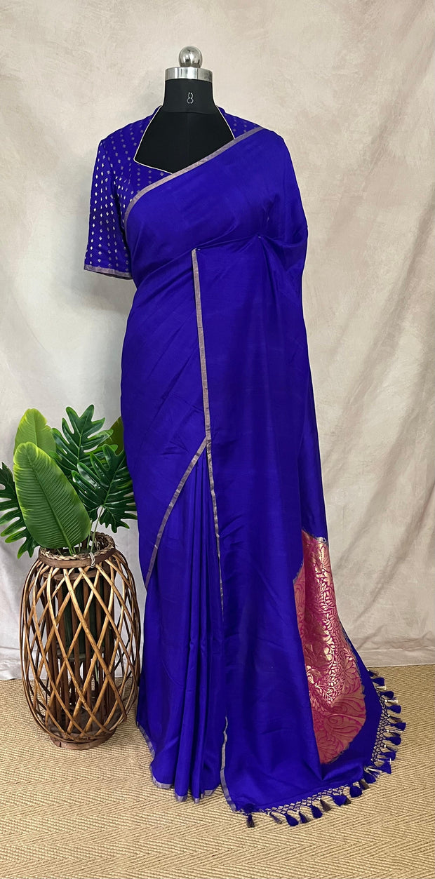 Violet munga tussar silk saree with designer Pallu and stitched blouse