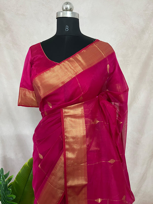 Pure Pink Maheshwari silk saree with stitched blouse