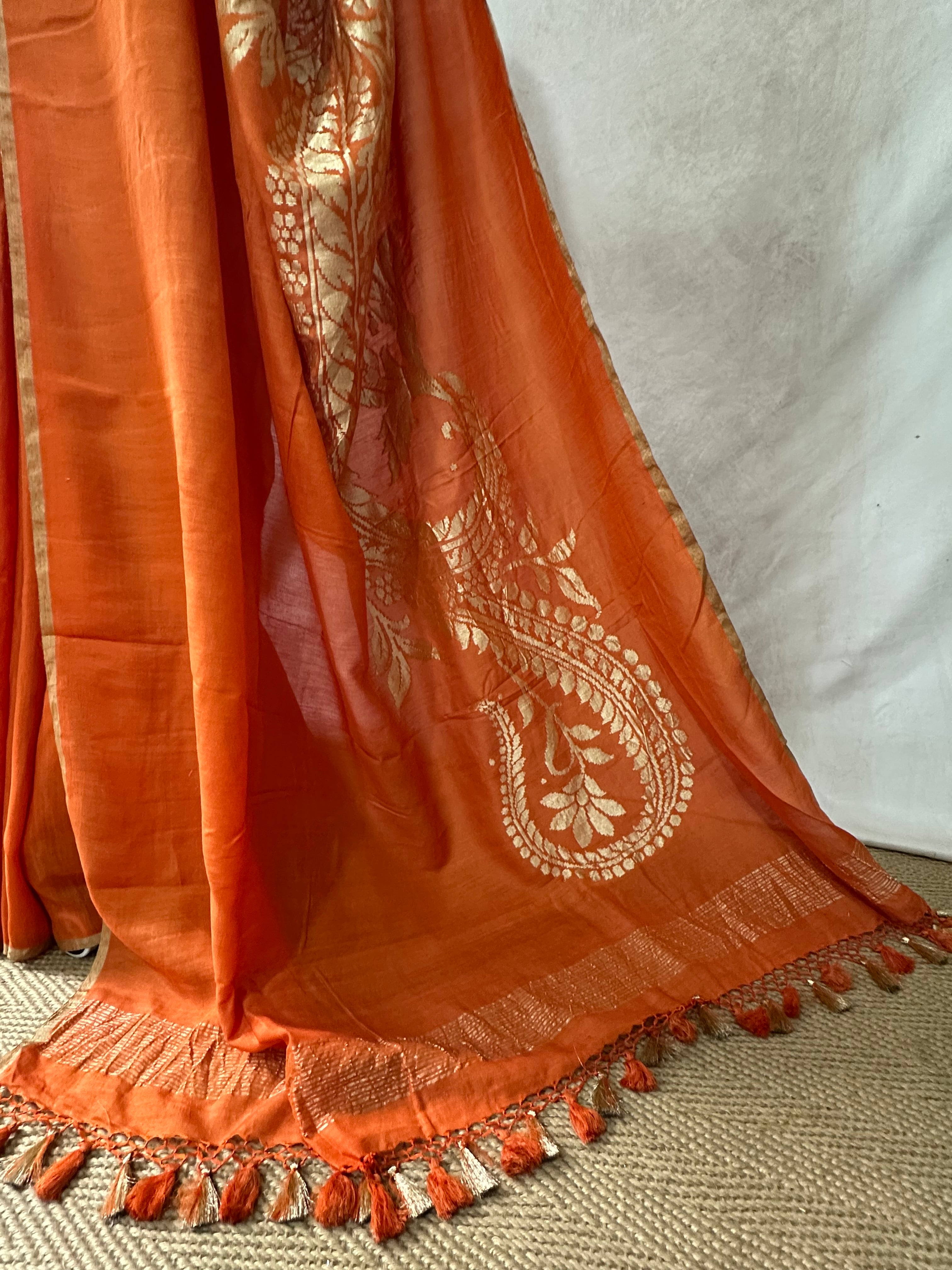 Orange pure munga silk designer weave (single Motif) saree with stitched blouse