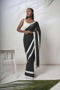 Black mulcotton saree with white satin border