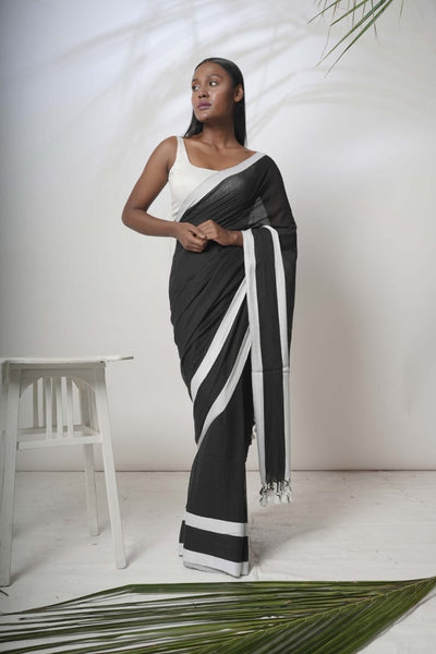 Black mulcotton saree with white satin border