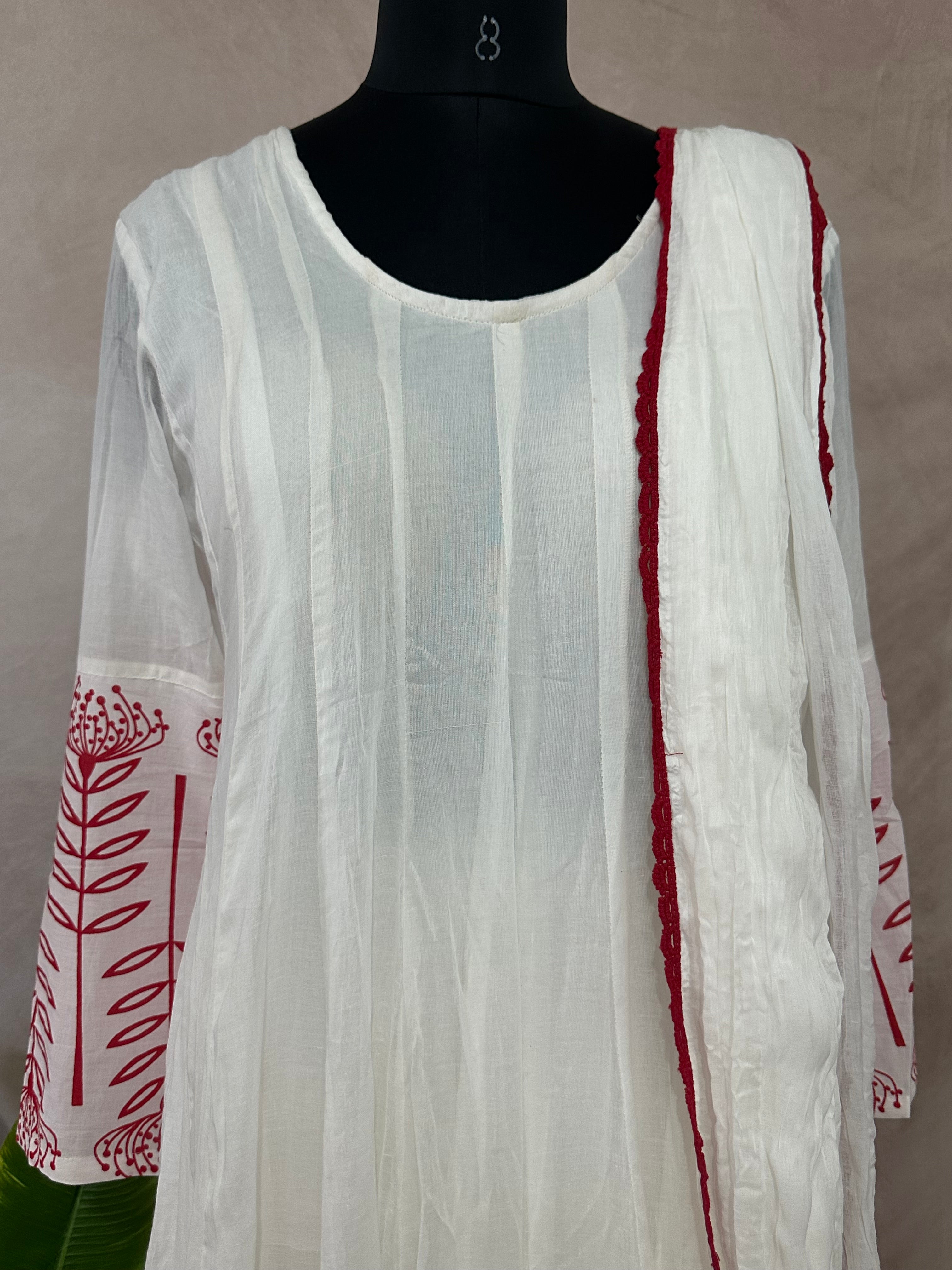 White and red pure cotton flared designer anarkali set