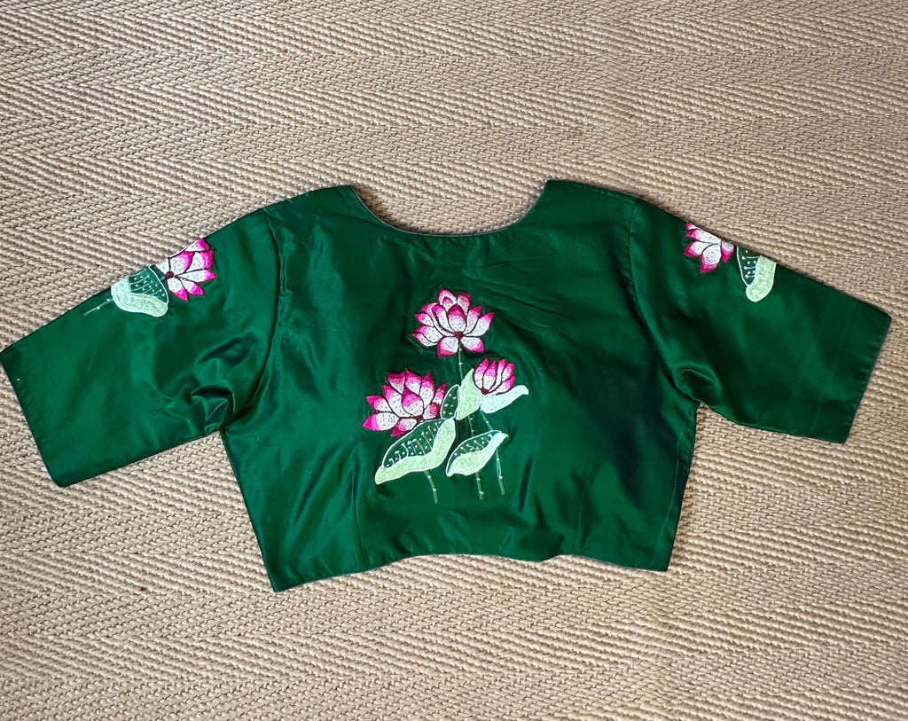 Bottle green silk blouse with lottus embroidery
