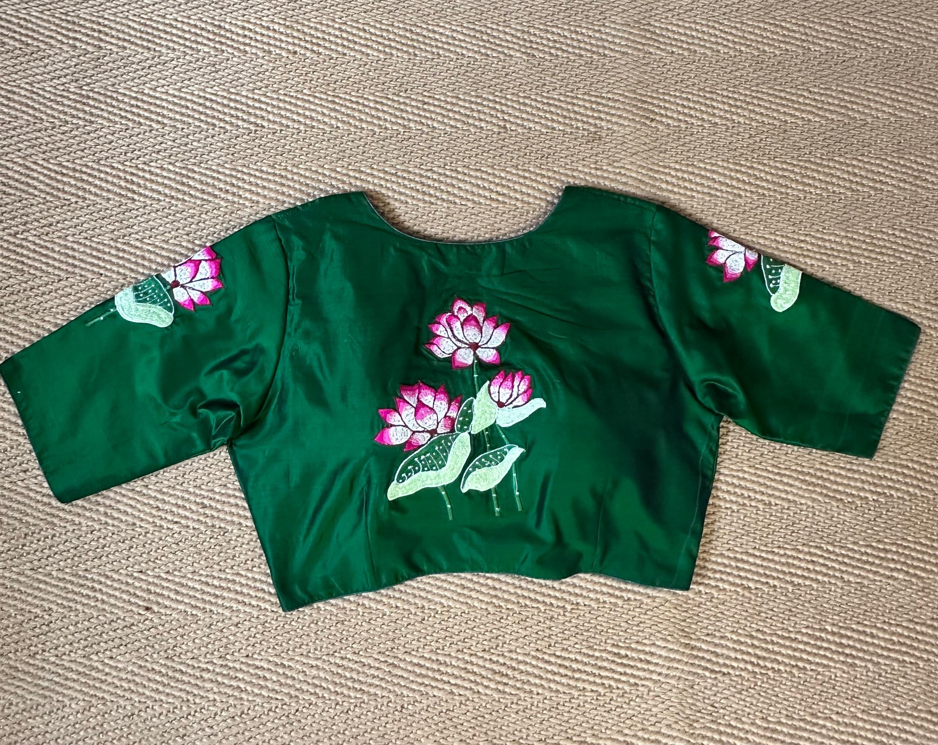 Bottle green silk blouse with lottus embroidery