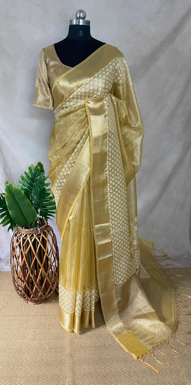 Yellow Tissue Kotta silk saree with mirror and chikankari work, with stitched blouse