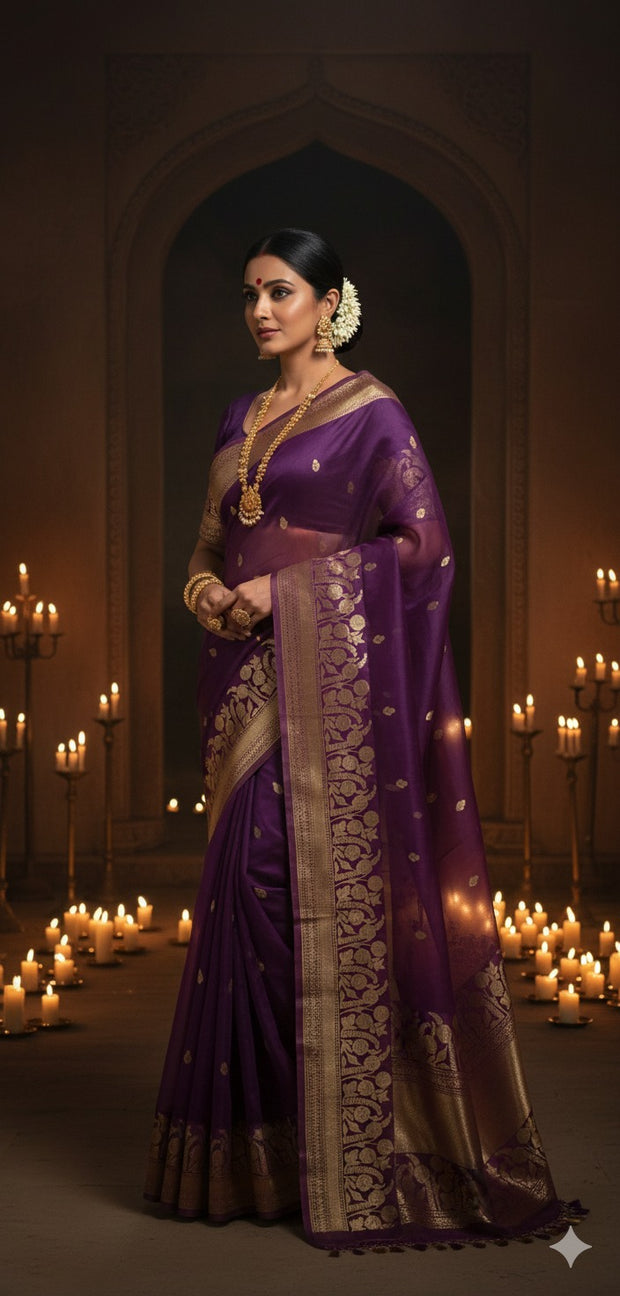 Purple pure organza silk saree with katan border, with stitched blouse