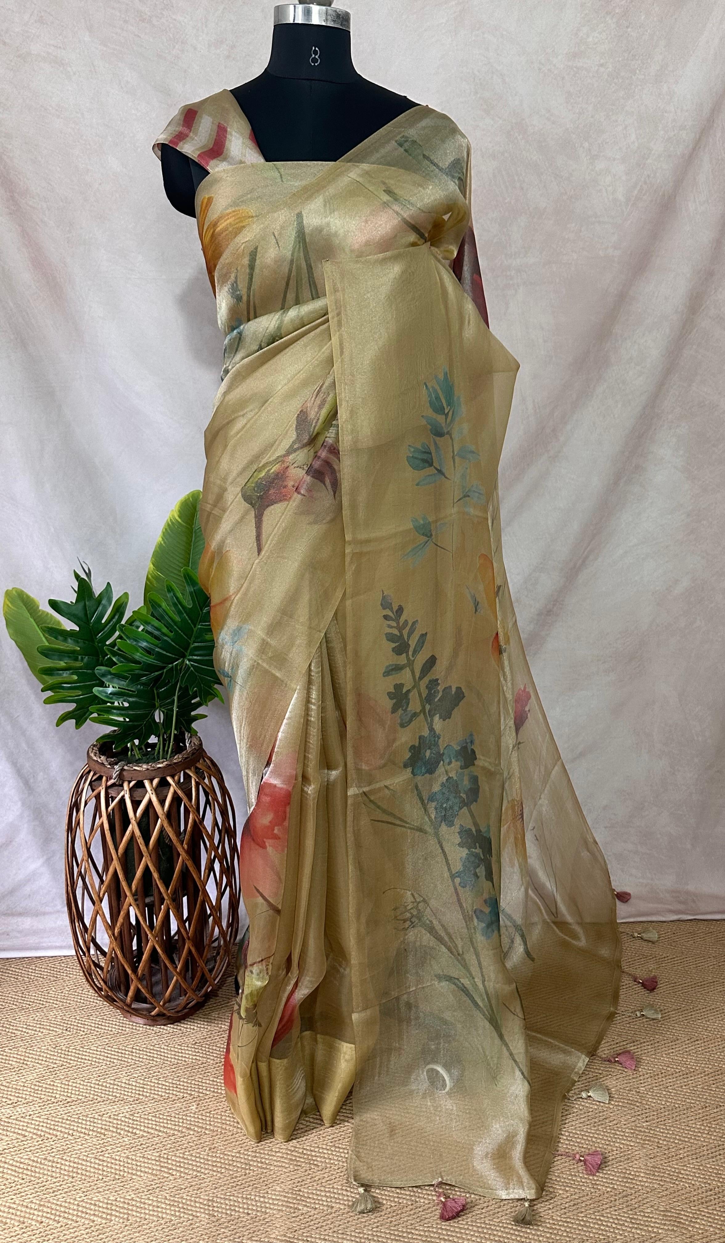 Organza silk tissue saree with digital print, with bP