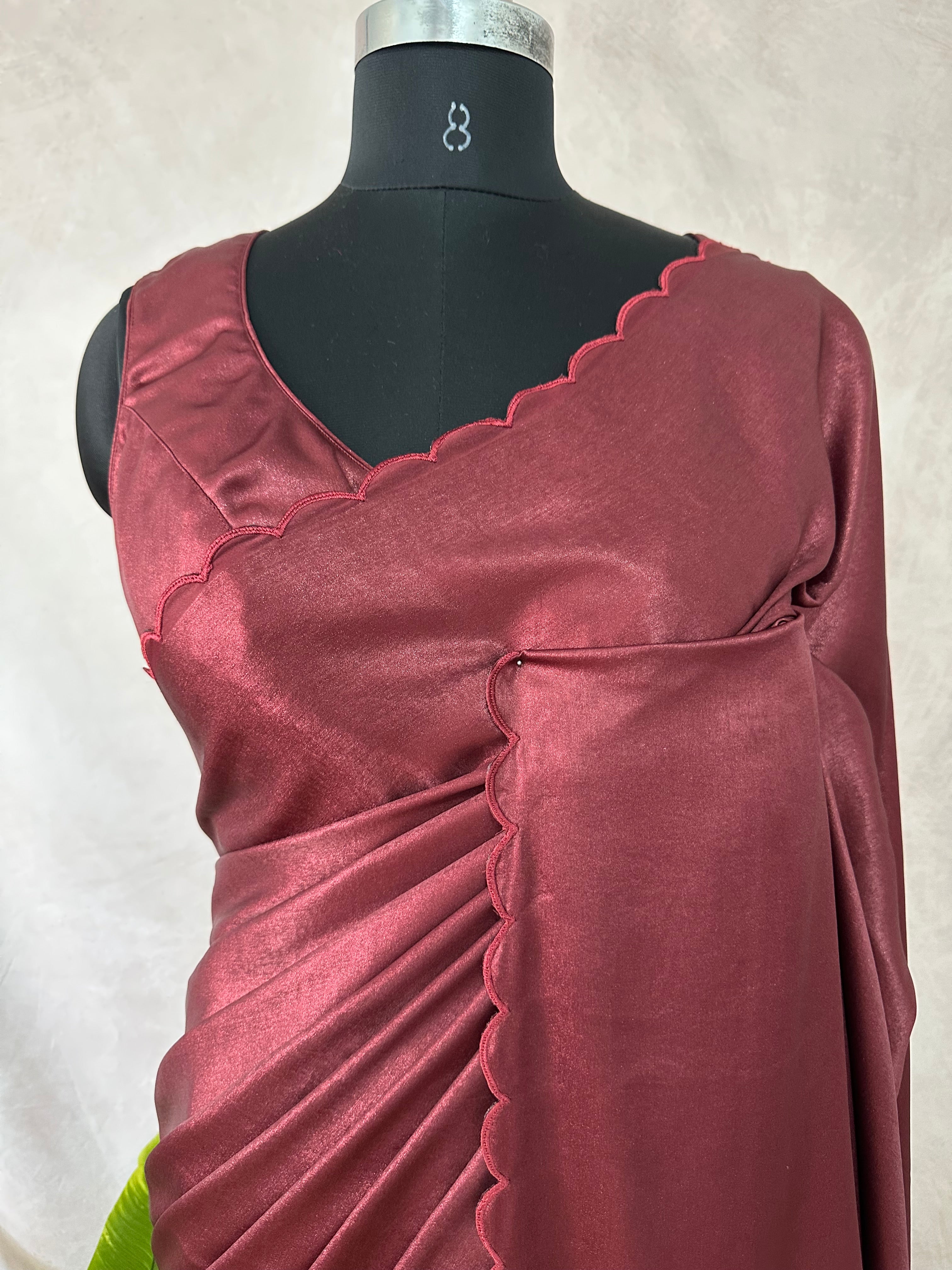 Shimmer crepe saree with scallop border, with stitched blouse