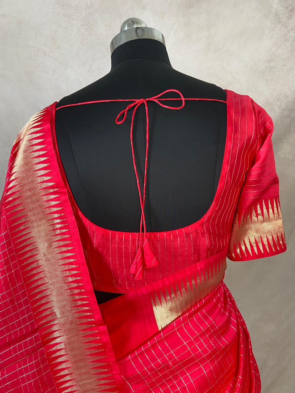 Red pure raw mango silk saree with stitched blouse