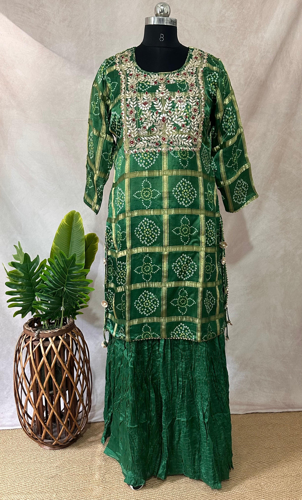 Green garchola kurti with gotta work, comes with bottom and dupatta