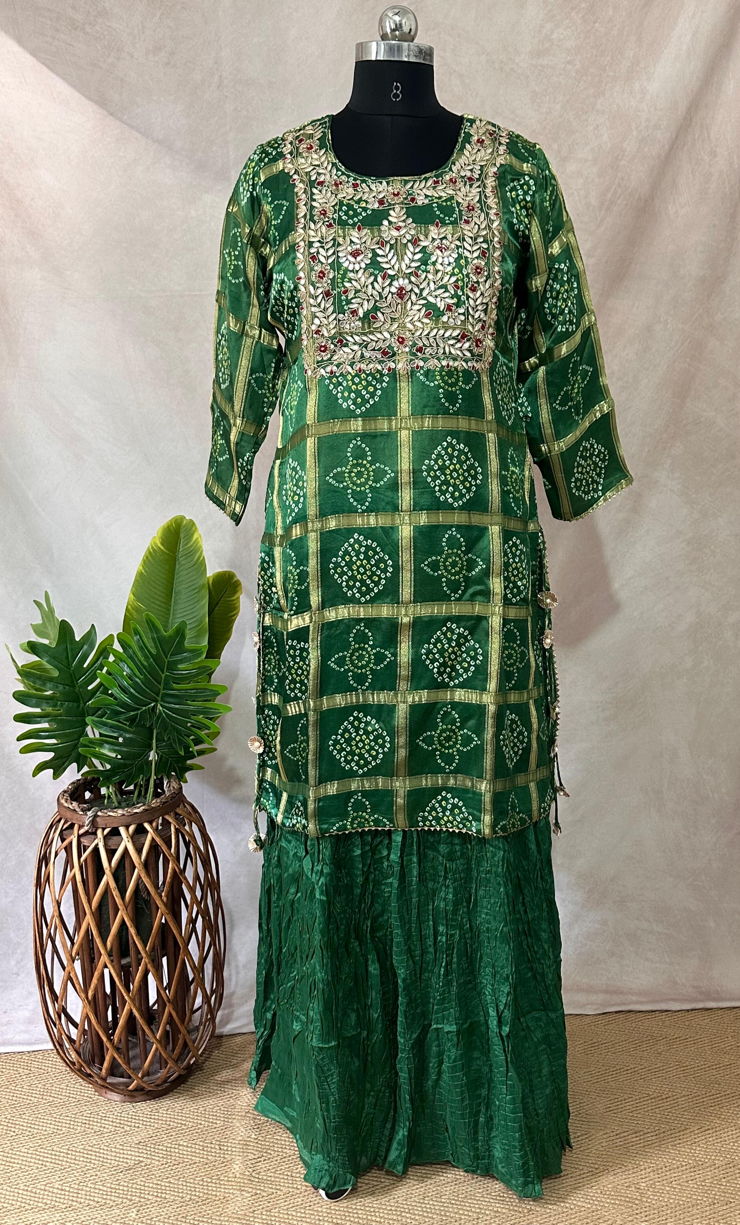 Green garchola kurti with gotta work, comes with bottom and dupatta