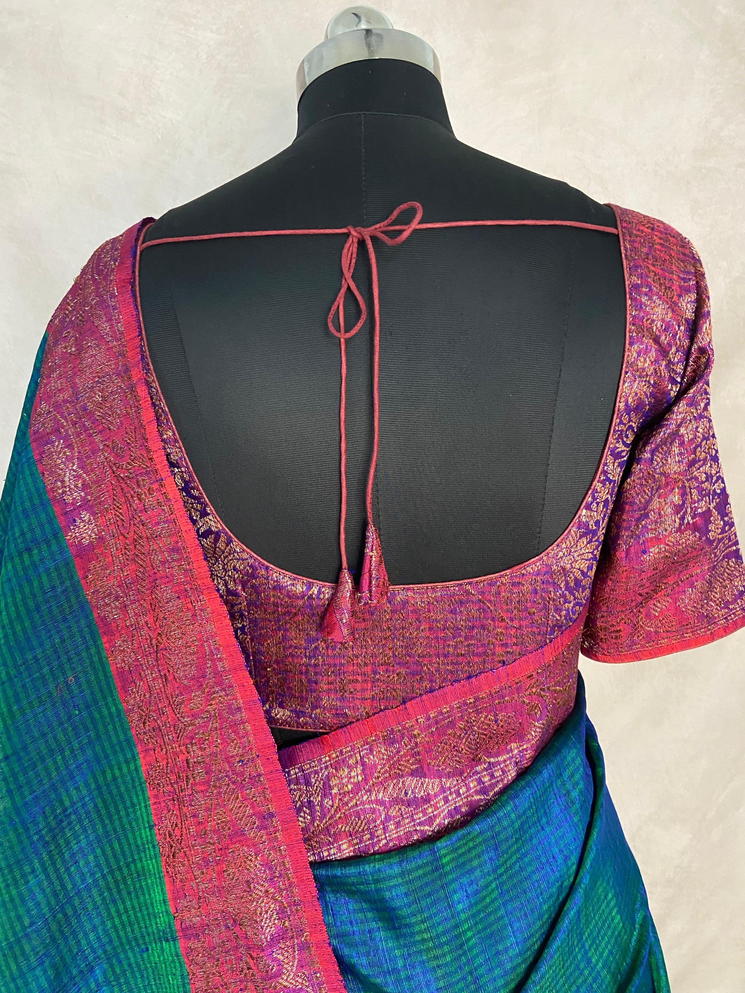 Green and blue double shared pure dupion silk saree with stitched blouse