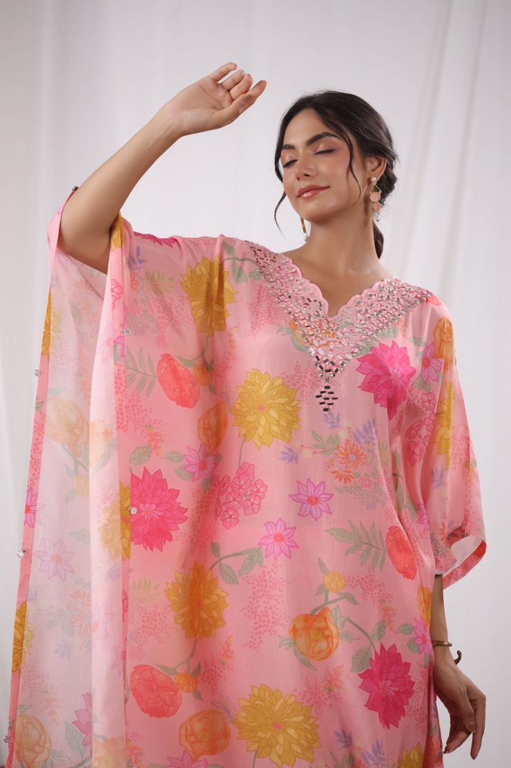 Light peach printed kaftan with bottom