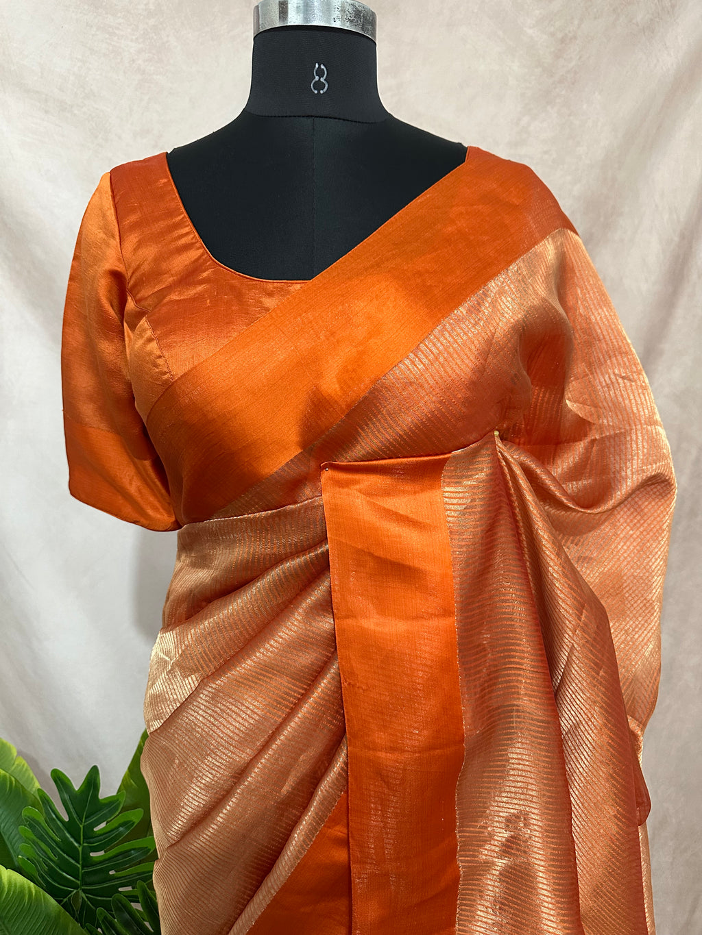 Orange stripe tissue silk saree with stitched blouse