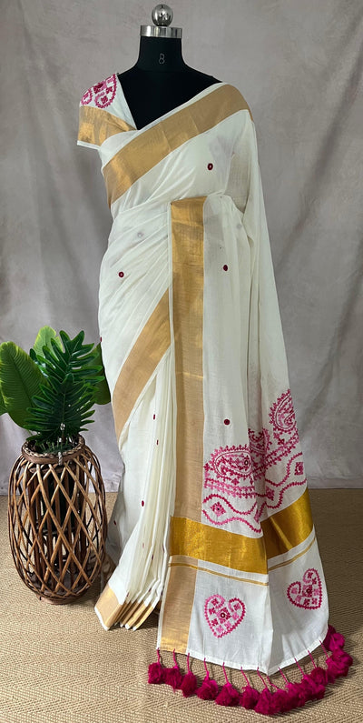 Soft cotton saree with Kutch and mirror work, and Pompom