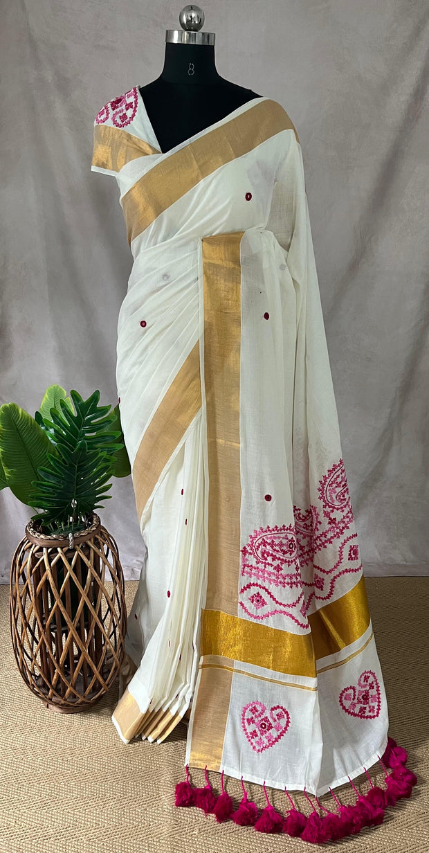 Soft cotton saree with Kutch and mirror work, and Pompom