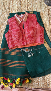 Handloom linen saree with sequins weave