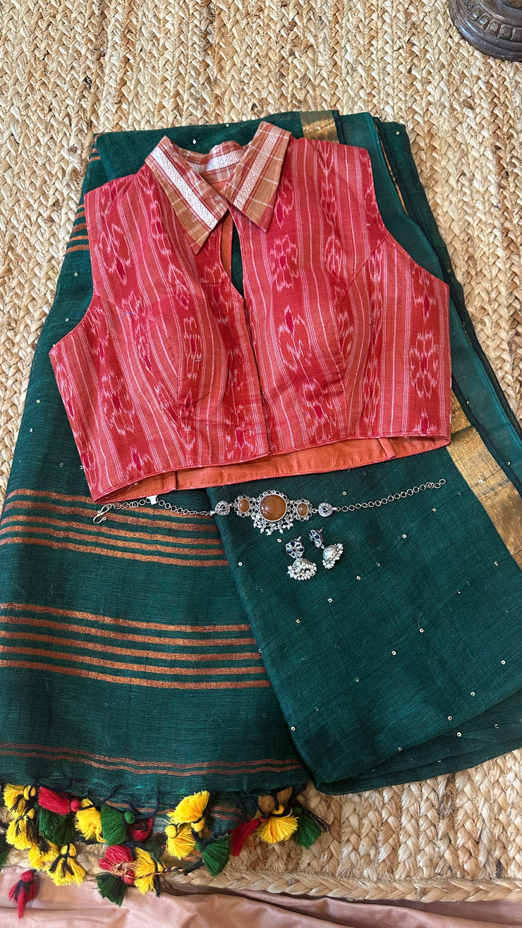 Handloom linen saree with sequins weave